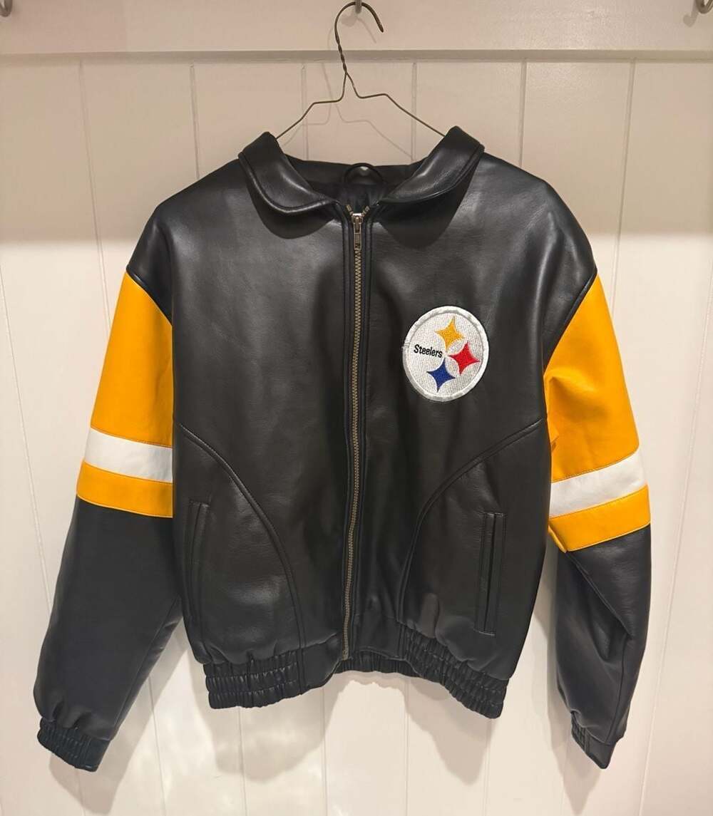 Pittsburgh Steelers Play Football Faux Leather Varsity Bomber Jacket Youth XL